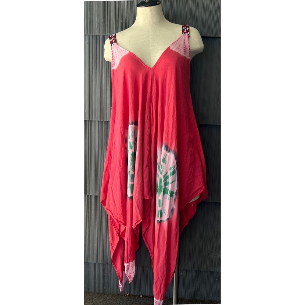 Bella Moda Pink Tie Dye Handkerchief Hem Tunic Dress Embroidered Straps Boho L